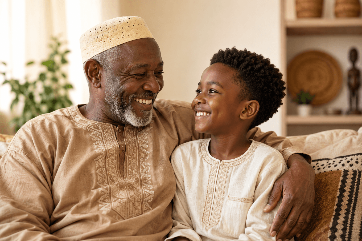 Un grand-père et son petit-fils se parlent en souriant, en tenue traditionnelle.